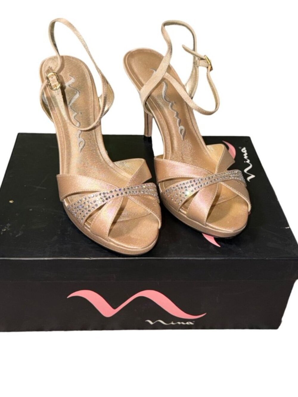 Nina Gretel-YS Gold Royal Satin Rhinestone Heels 8M